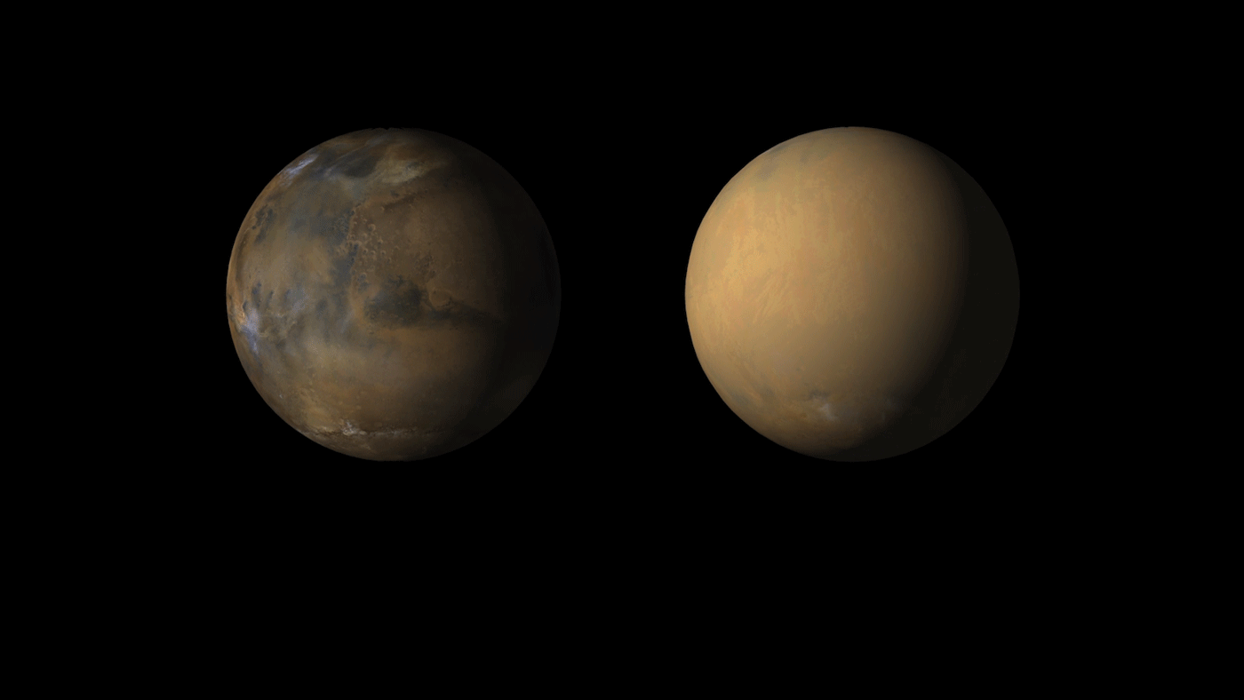 Марс в обычных условиях и когда на нём пылевая буря.