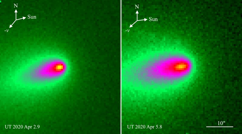 Снимки кометы C/2019 Y4 (Atlas) 2 и 5 апреля 2020 года.